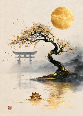 Golden Moon Over the Old Sakura