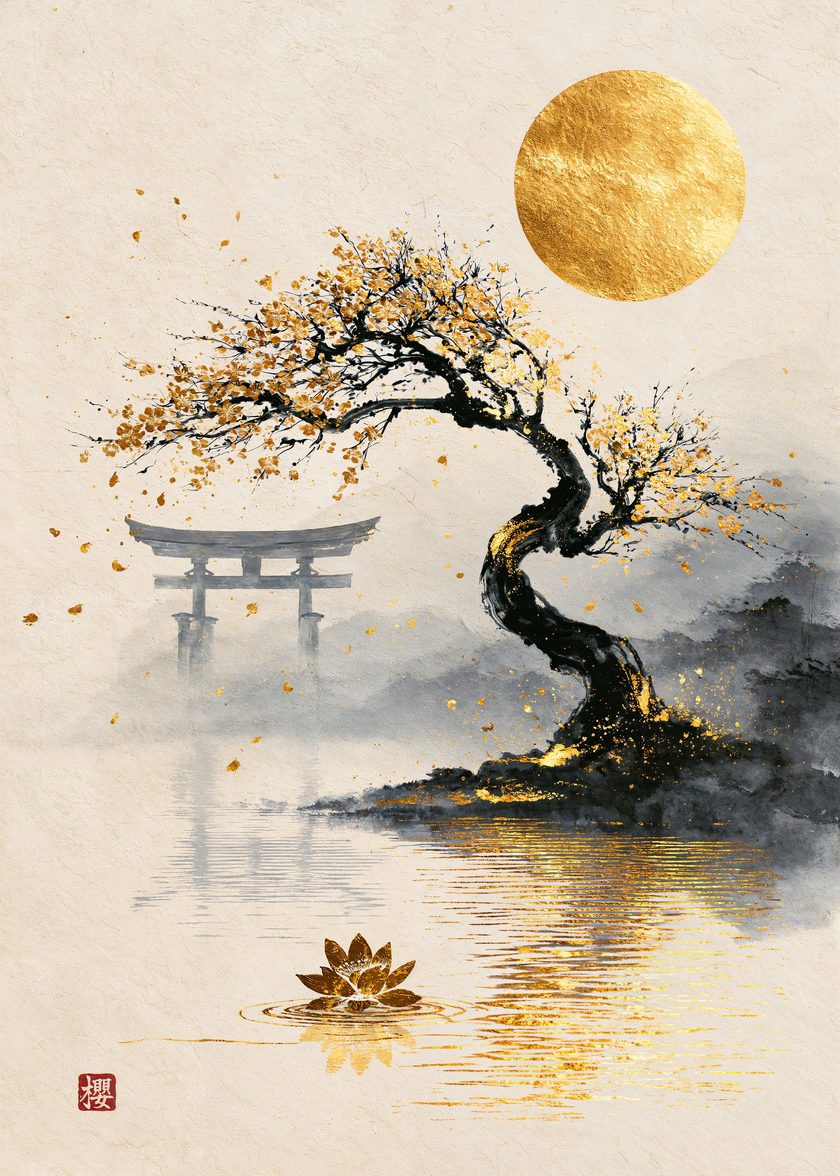 Golden Moon Over the Old Sakura