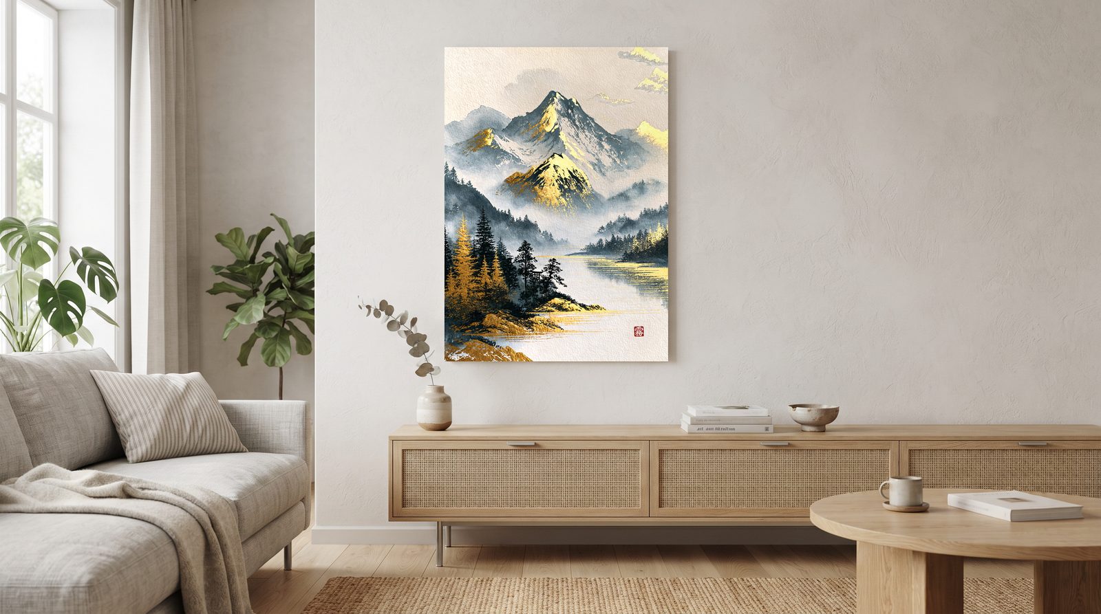 Golden Peaks in Mist: pale mountain peaks with gold on their highest ridges rise out of the mist above a lake. Dark pines and golden larches line the shore, with a small torii gate among the trees. A red seal sits in the lower right. The print hangs above a long low sideboard with rattan fronts. A light sofa with a striped cushion stands by the window on the left. A round wooden coffee table with a mug stands on the right.