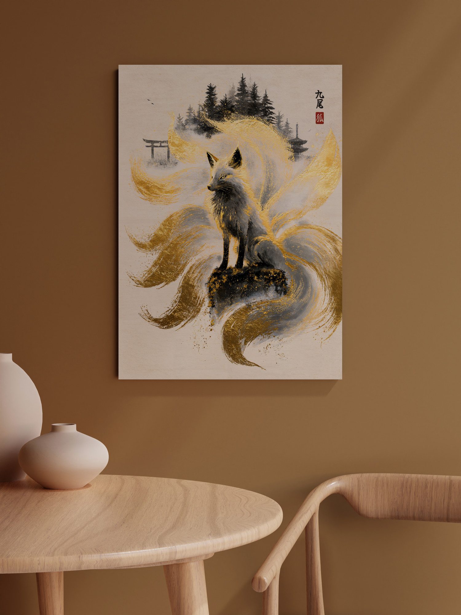 Kyubi, the Golden Kitsune: a white fox sits on a dark rock flecked with gold, golden tails sweeping out around it. A torii gate stands in the mist on the left, a small pagoda on the right, with dark pines behind. Two black characters and a red seal sit in the upper right. The print hangs on a warm caramel-brown wall above a round light wood table with two pale ceramic vases, next to a light wooden chair.