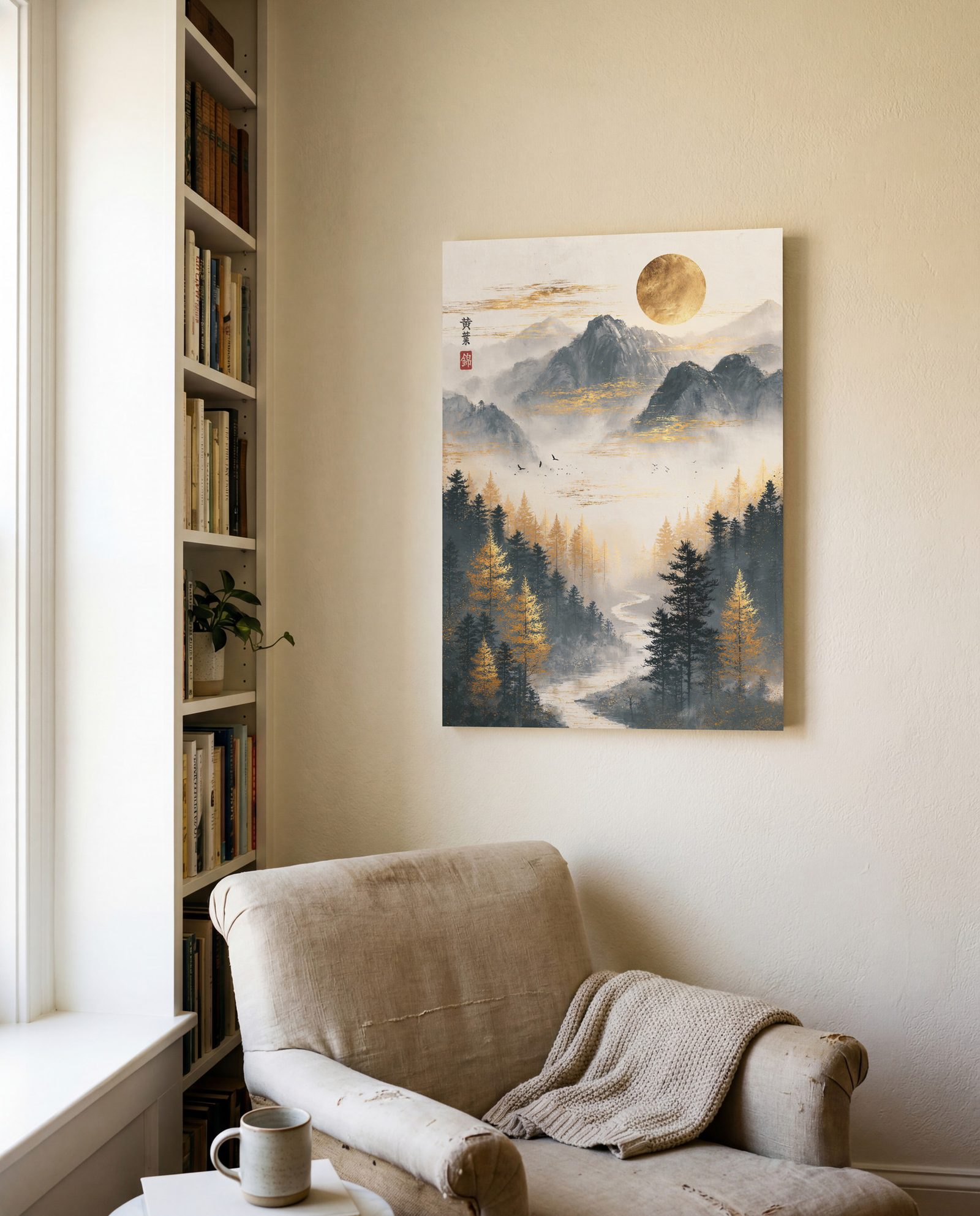 Misty Valley of Autumn Gold: a river winds through a misty valley between dark pines and golden larches, under a round gold sun above gray mountains, with birds in the sky. A short column of black characters and a red seal sit in the upper left. The print hangs on a cream wall above a worn, pale armchair with a knitted throw. A bookshelf and a window are on the left, and a mug stands on a side table.