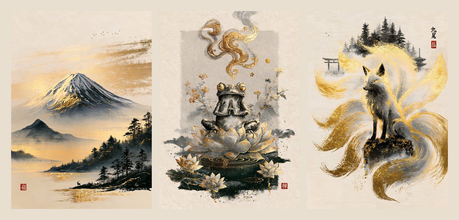 Three works from the Sumi and Gold collection side by side: Mount Fuji, Brushed in Gold, a snow-capped peak under a sky streaked with gold; Zen Frog on a Golden Lotus, a frog with folded hands on a lotus under golden smoke; and Kyubi, the Golden Kitsune, a white fox on a dark rock surrounded by golden tails.