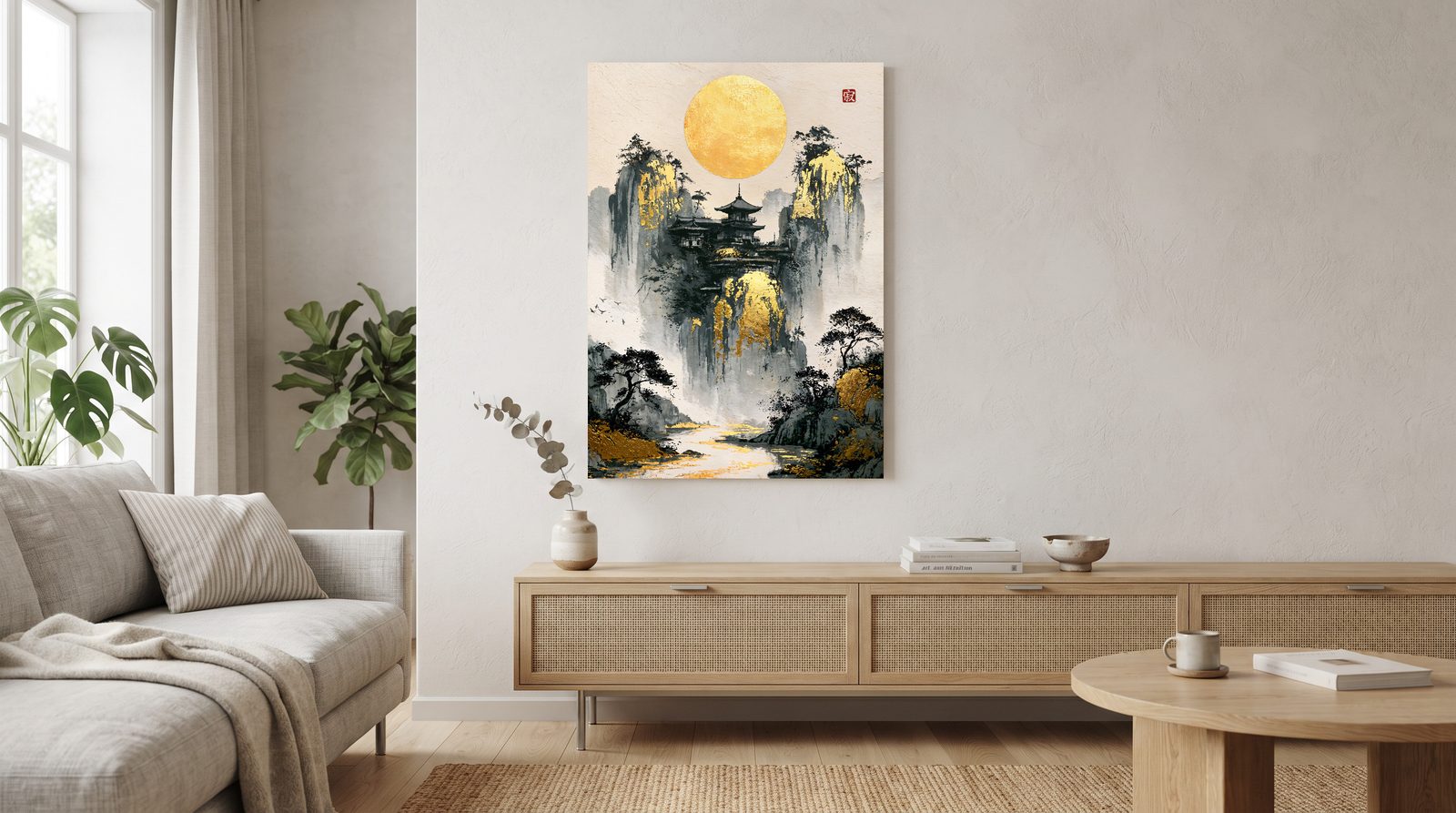 Temple Between Golden Cliffs: a temple with curved roofs between two tall cliffs streaked with gold, under a large gold moon. Pines lean from the rocks, mist fills the valley, and a river shining gold runs between the stones at the bottom. A red seal sits in the upper right. The print hangs above a long low sideboard with rattan fronts. A light sofa with a striped cushion stands by the window on the left. A round wooden coffee table with a mug stands on the right.