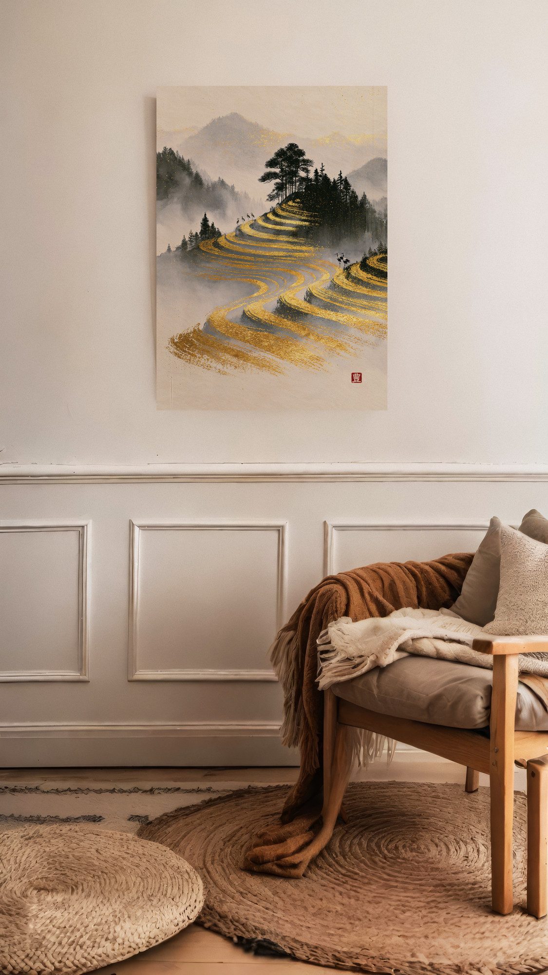 Terraces of Golden Harvest: terraces in broad strokes of gold curve around a hill in the mist, with dark pines on the crest. Small cranes stand on the edges of the terraces, four at the upper left and two at the right. A red seal sits in the lower right. The print hangs on a white wall above white wall paneling. A wooden armchair with blankets stands beside it on round braided rugs.