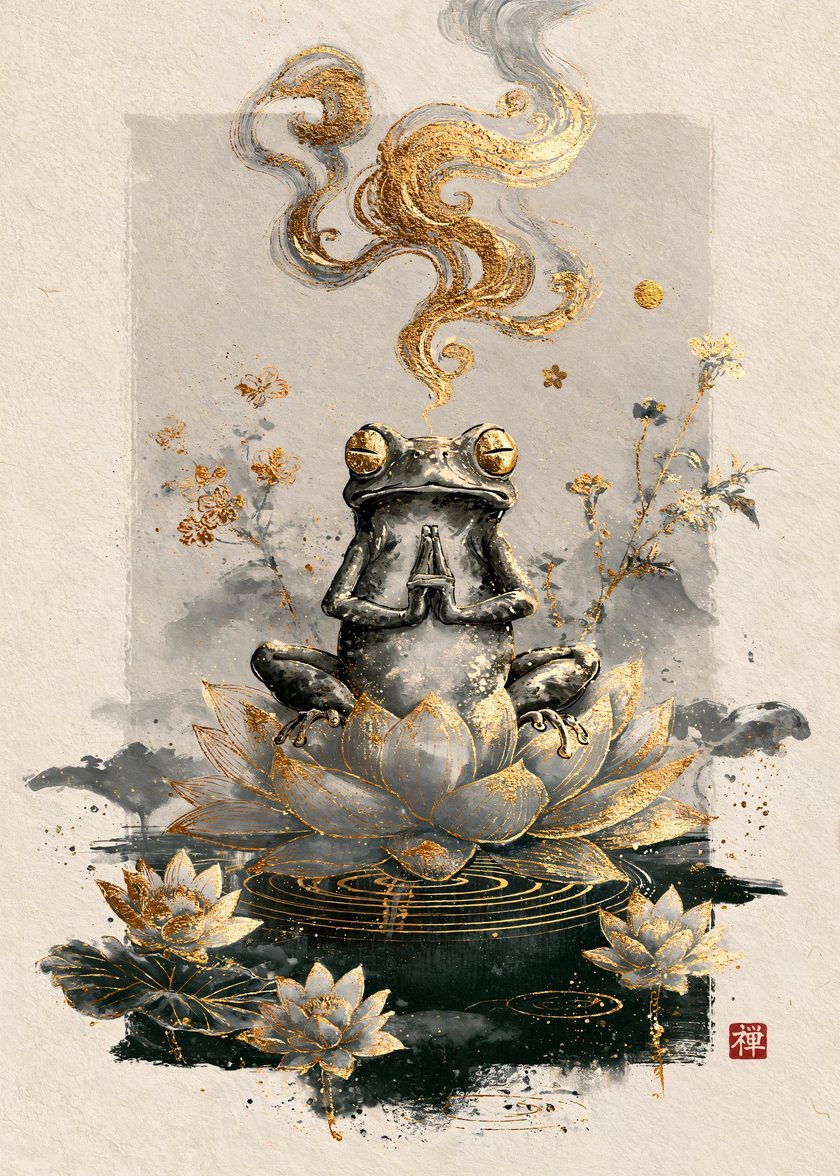 Zen Frog on a Golden Lotus