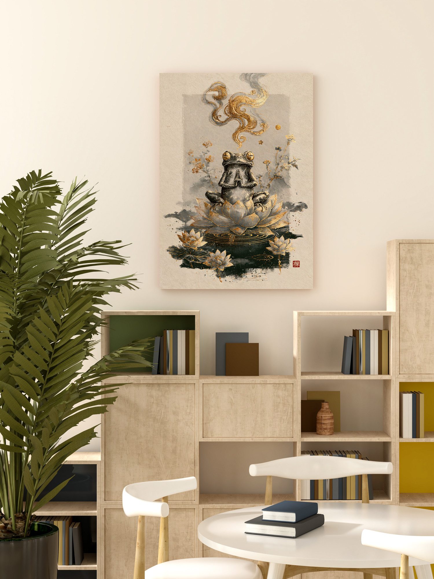 Zen Frog on a Golden Lotus: a frog sits on a large lotus edged with gold, hands pressed together and eyes half closed. Golden smoke curls above its head, gold rings spread on the dark water below, and smaller lotuses float around it. A red seal sits in the lower right. The print hangs on a cream wall above shelves of light wooden cubes with books. A tall palm in a black pot stands on the left. In front stand a round white table with books on it and white chairs.