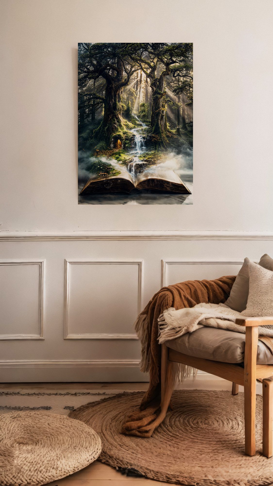 Foliant of the Elder Forest, a print of a stream falling into an open old book in a mossy forest, hangs on a white wall above white wall paneling. A wooden armchair with blankets stands beside it on round braided rugs.