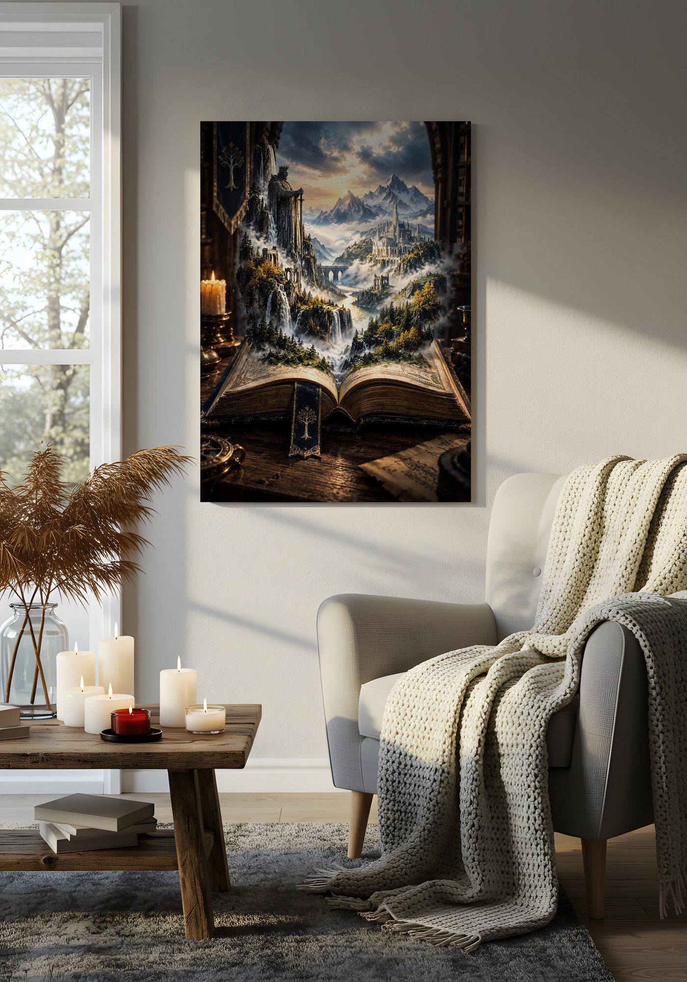 Legend of the High King hangs on a light gray wall between a window and an armchair with knitted blankets. The print shows an open book on a dark desk beside a candle. A wooden table in front holds candles and a vase of dried grass.