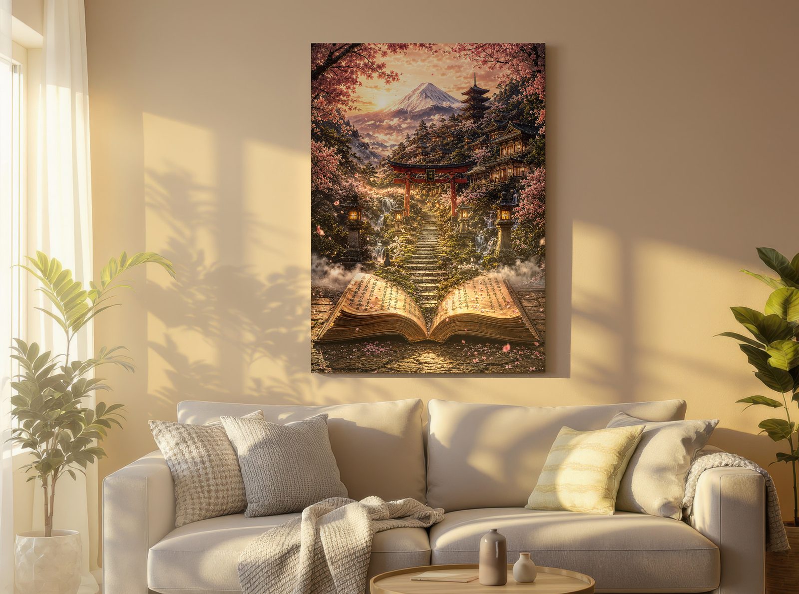 Magic Book of the Sakura Shrine hangs above a cream sofa with cushions and a knitted throw. The print shows an open book with a stone staircase rising to a red gate. Warm sunlight throws window and leaf shadows across the wall, with plants on both sides.