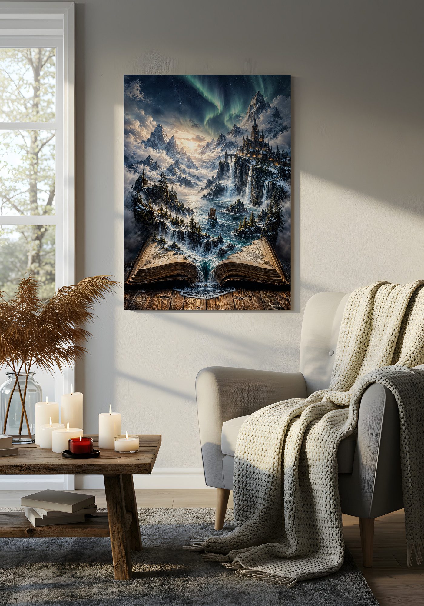 Saga of the Old North hangs on a light gray wall between a window and an armchair with knitted blankets. The print shows the sea pouring out of an open old book under northern lights. A wooden table in front holds candles and a vase of dried grass.