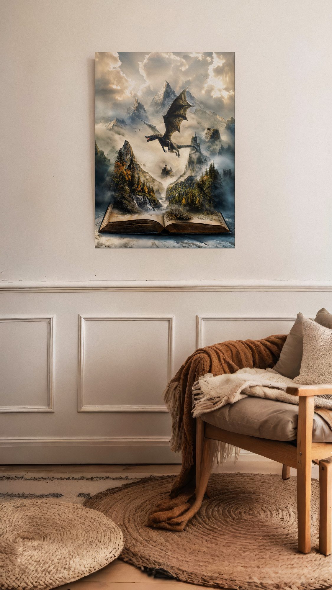 The Chronicle of Legends, a print of a dark dragon flying over a misty valley above an open old book, hangs on a white wall above white wall paneling. A wooden armchair with blankets stands beside it on round braided rugs.