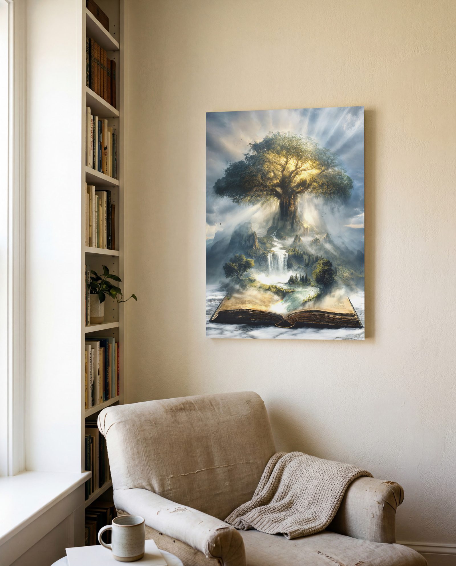 The Codex of Creation, a print of an open old book with a tree rising above it in sunlight, hangs on a cream wall above a worn, pale armchair with a knitted throw. A bookshelf and a window are on the left, and a mug stands on a side table.