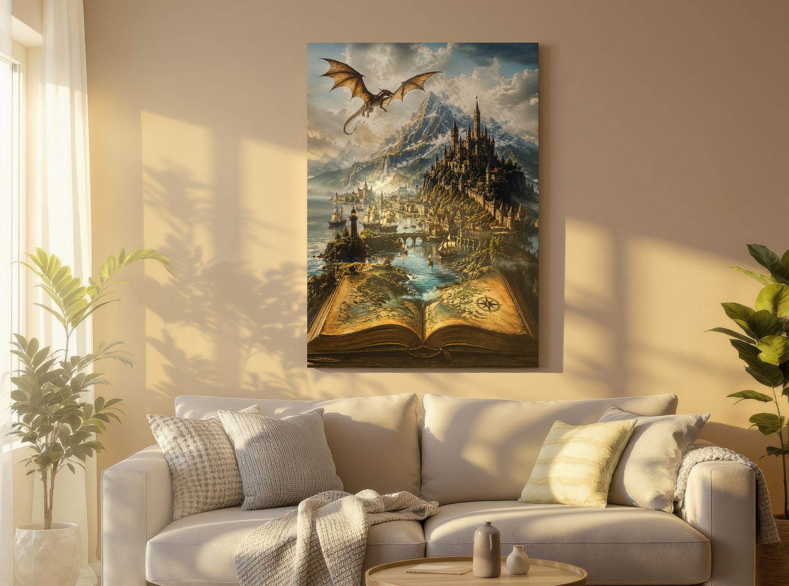 Tome of Distant Shores hangs above a cream sofa with cushions. The print shows an open book whose map pages turn into a harbor coast with a castle and a golden dragon. Warm sunlight throws window and leaf shadows across the wall, with plants on both sides.