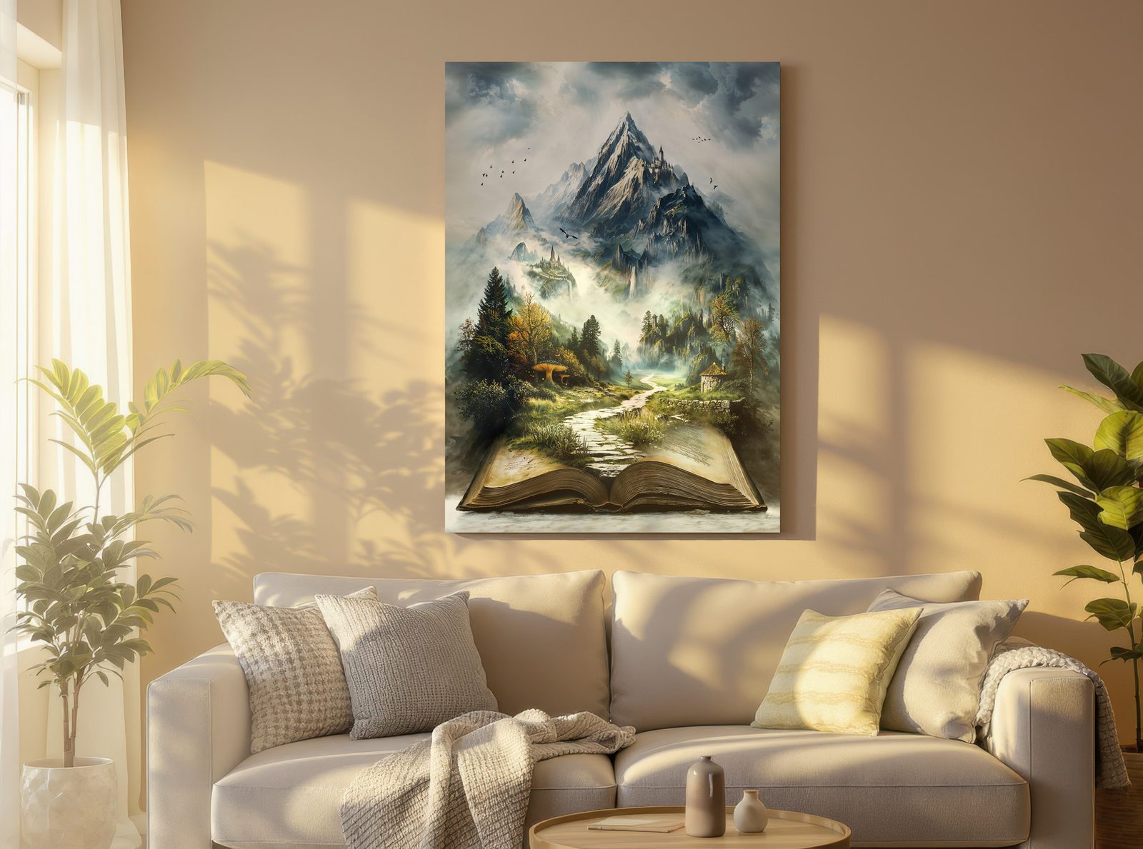 A sunlit living room with a cream sofa and plants on both sides. Above the sofa hangs Tome of Endless Realms, a print of a stone path that runs out of an open old book into a misty mountain valley.