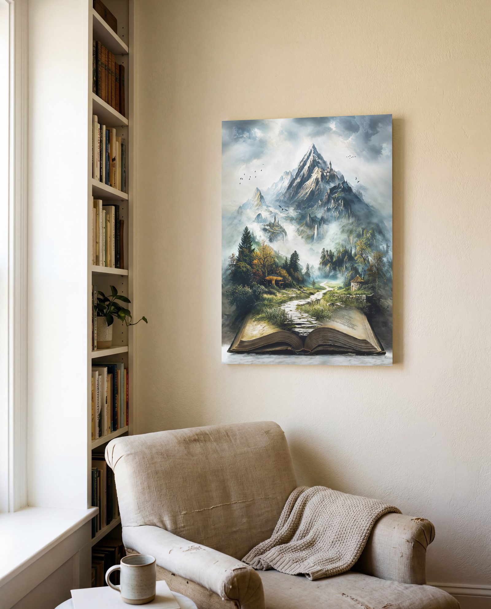 Tome of Endless Realms, a print of a stone path leading from an open old book into a misty mountain valley, hangs on a cream wall above a worn, pale armchair with a knitted throw. A bookshelf and a window are on the left.